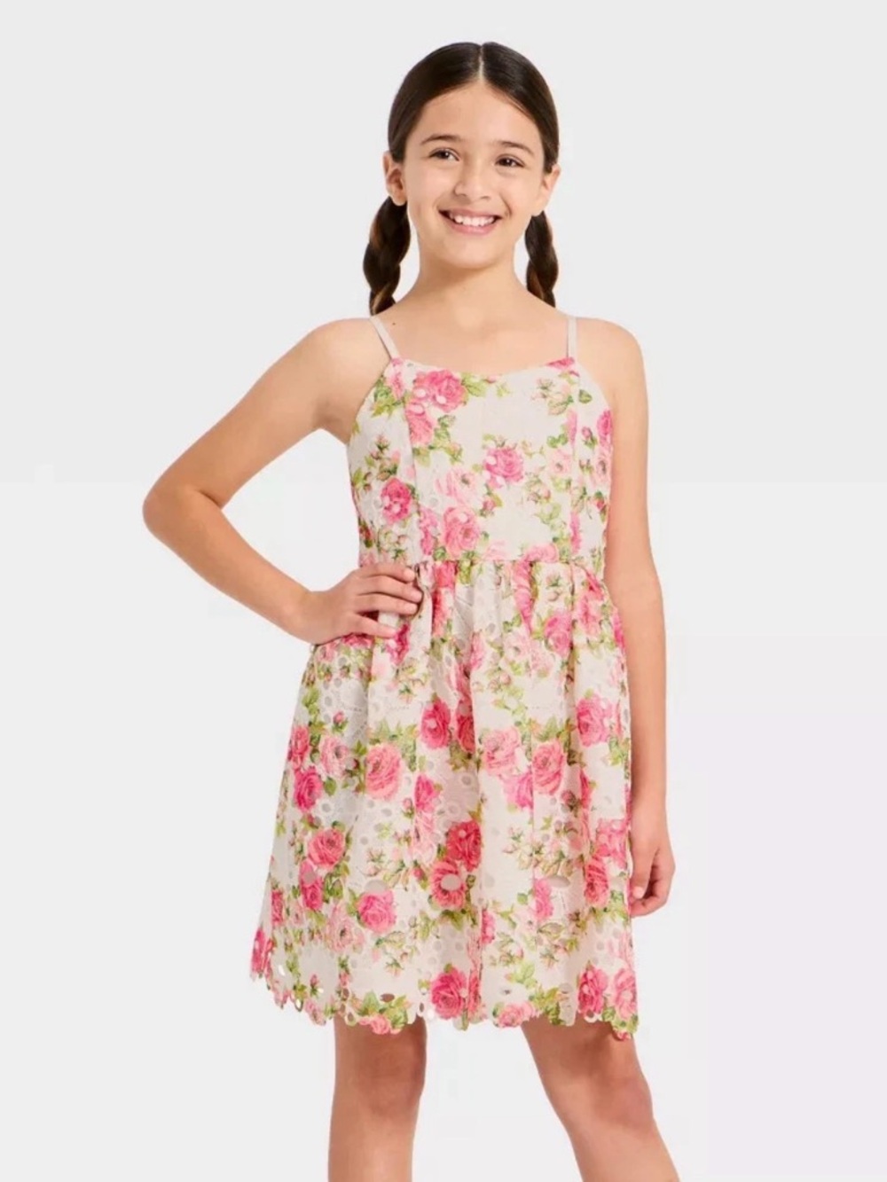Cat & Jack Girls' Printed Lace Floral A-Line Dress - White, L (10-12)